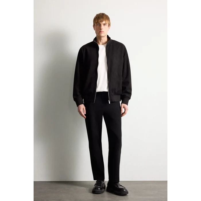 Defacto D1524AXBK27 Siyah Ultra Yumuşak Slim Fit Dik Yaka Astarlı Fermuarlı Cepli Süet Mevsimlik Mont