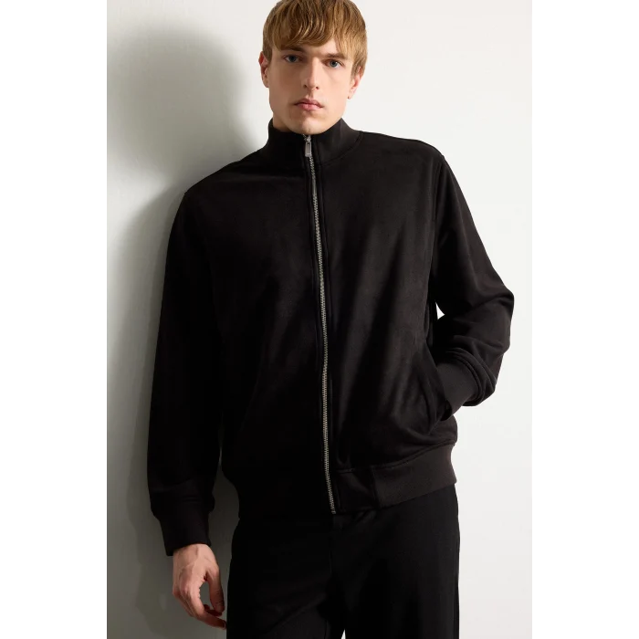 Defacto D1524AXBK27 Siyah Ultra Yumuşak Slim Fit Dik Yaka Astarlı Fermuarlı Cepli Süet Mevsimlik Mont