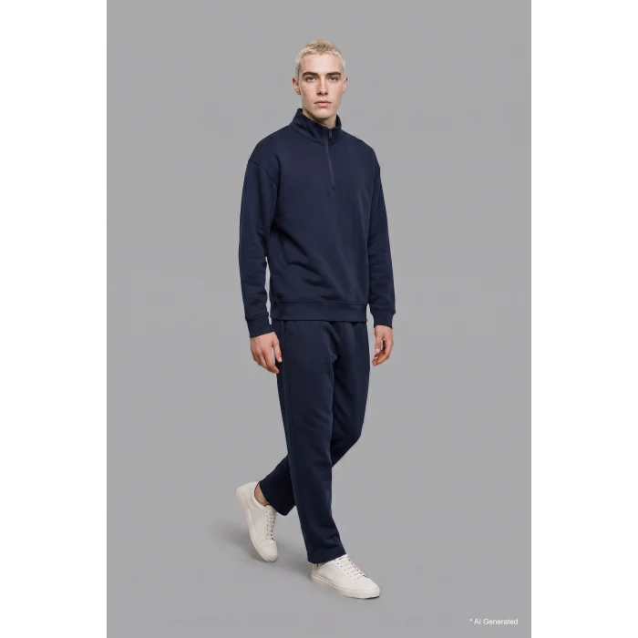 Defacto E9363AXNV146 Lacivert Boxy Fıt Dik Yaka Skuba Kumaş Uzun Kollu Basic Sweatshirt