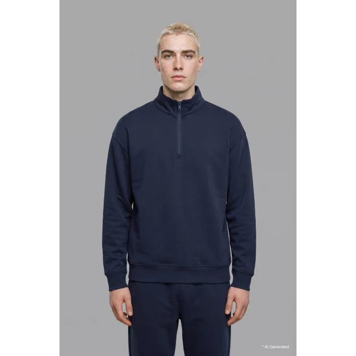 Defacto E9363AXNV146 Lacivert Boxy Fıt Dik Yaka Skuba Kumaş Uzun Kollu Basic Sweatshirt
