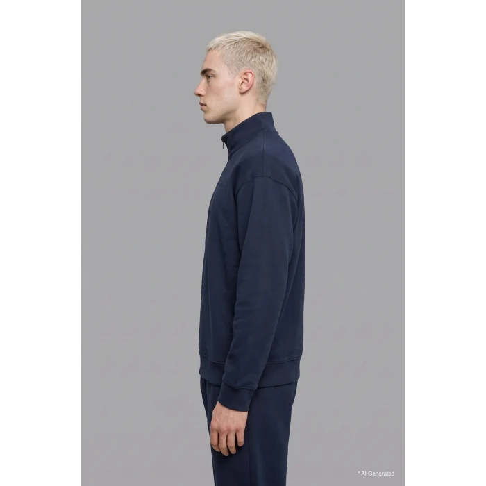 Defacto E9363AXNV146 Lacivert Boxy Fıt Dik Yaka Skuba Kumaş Uzun Kollu Basic Sweatshirt