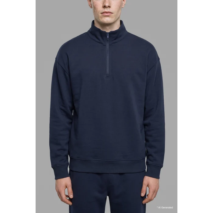 Defacto E9363AXNV146 Lacivert Boxy Fıt Dik Yaka Skuba Kumaş Uzun Kollu Basic Sweatshirt