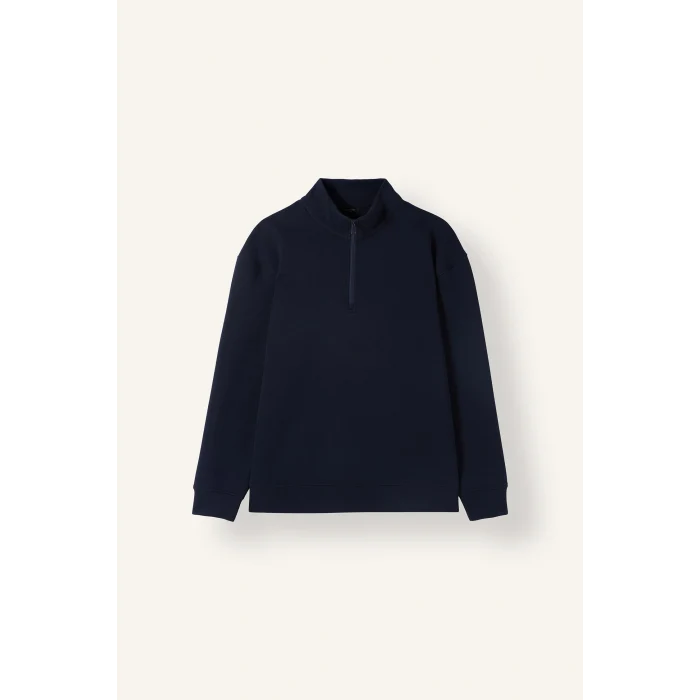 Defacto E9363AXNV146 Lacivert Boxy Fıt Dik Yaka Skuba Kumaş Uzun Kollu Basic Sweatshirt