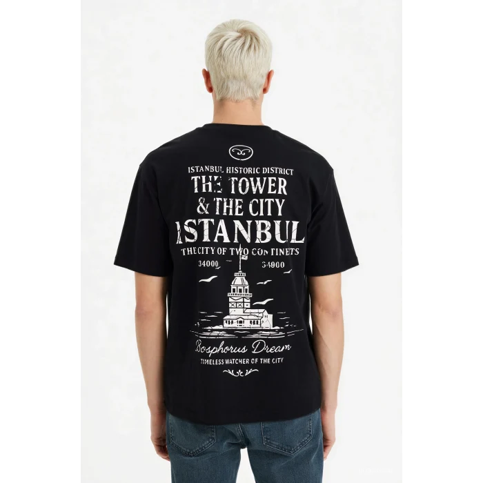 Defacto F8164AXBK81 Siyah %100 Pamuk Boxy Fit Baskılı Tişört