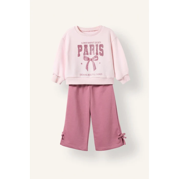 Defacto I7733A5PN67 Pembe 2li Takım Baskılı Sweatshirt Eşofman Altı Kız Bebek