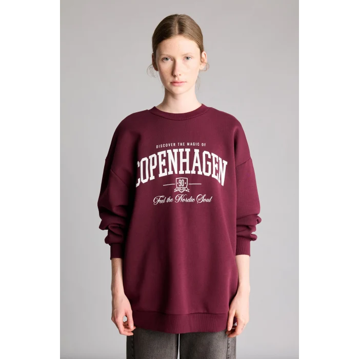 Defacto I3322AXBR232 Bordo Oversize Bisiklet Yaka Baskılı Kalın Sweatshirt