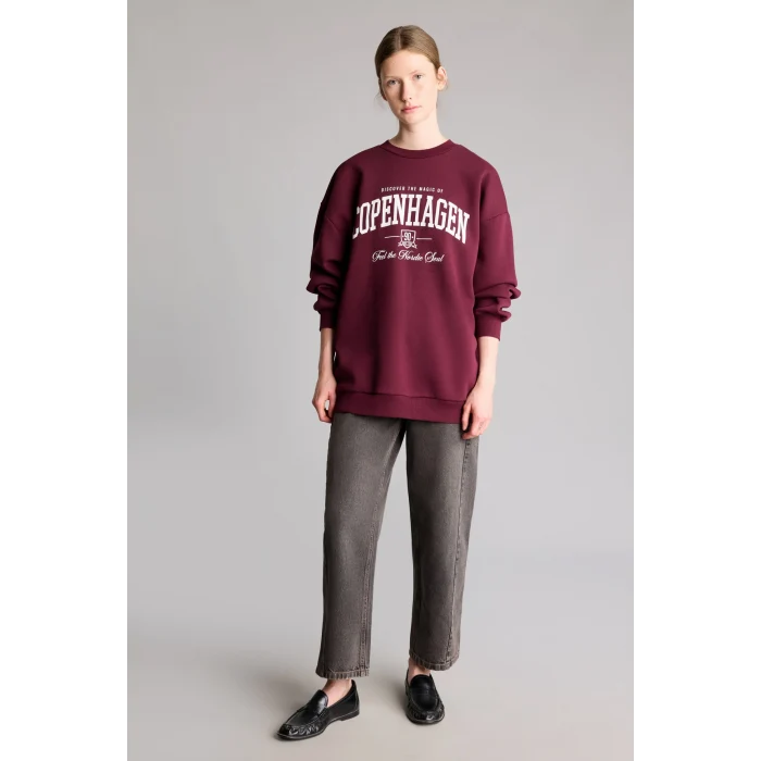 Defacto I3322AXBR232 Bordo Oversize Bisiklet Yaka Baskılı Kalın Sweatshirt