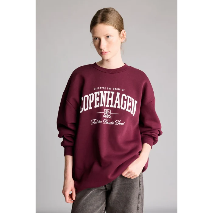 Defacto I3322AXBR232 Bordo Oversize Bisiklet Yaka Baskılı Kalın Sweatshirt