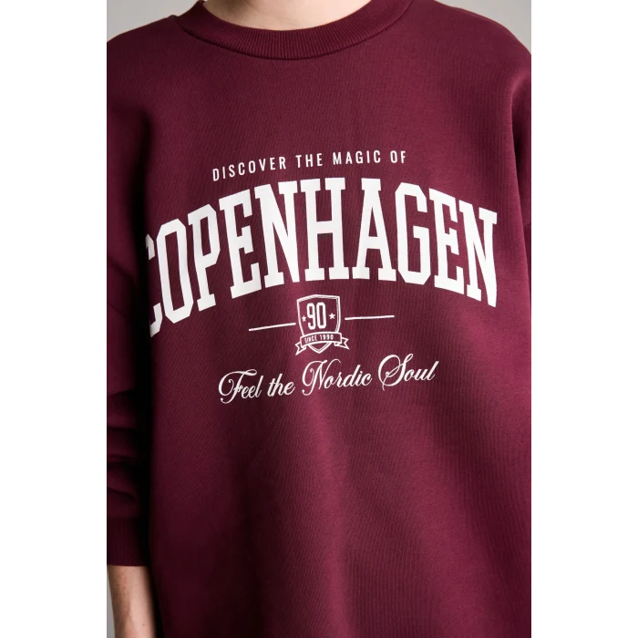 Defacto I3322AXBR232 Bordo Oversize Bisiklet Yaka Baskılı Kalın Sweatshirt