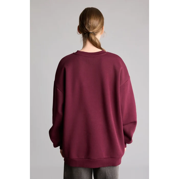 Defacto I3322AXBR232 Bordo Oversize Bisiklet Yaka Baskılı Kalın Sweatshirt