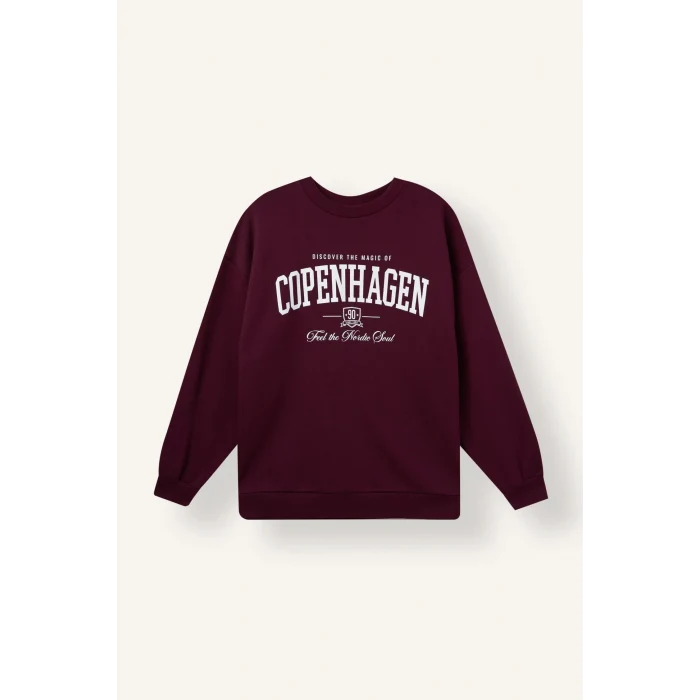 Defacto I3322AXBR232 Bordo Oversize Bisiklet Yaka Baskılı Kalın Sweatshirt