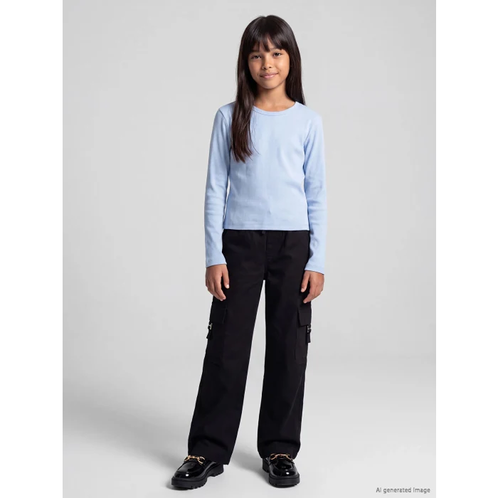 LCW Kids Siyah Kız Çocuk Gabardin Kargo Pantolon