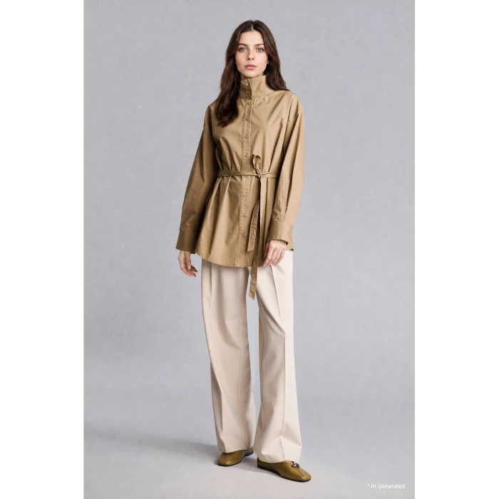 Defacto H3217AXKH185 Haki %100 Pamuk Regular Fit Dik Yaka Kuşaklı Poplin Uzun Kollu Tunik