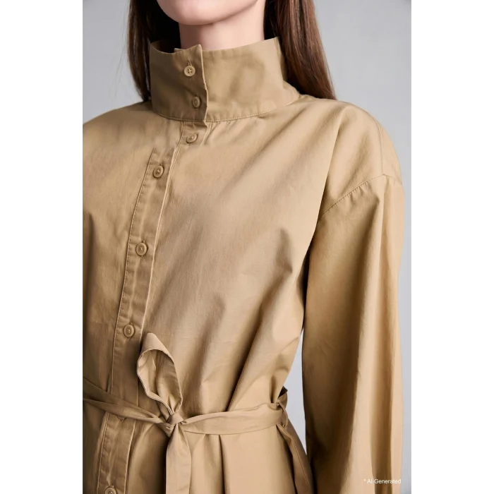 Defacto H3217AXKH185 Haki %100 Pamuk Regular Fit Dik Yaka Kuşaklı Poplin Uzun Kollu Tunik