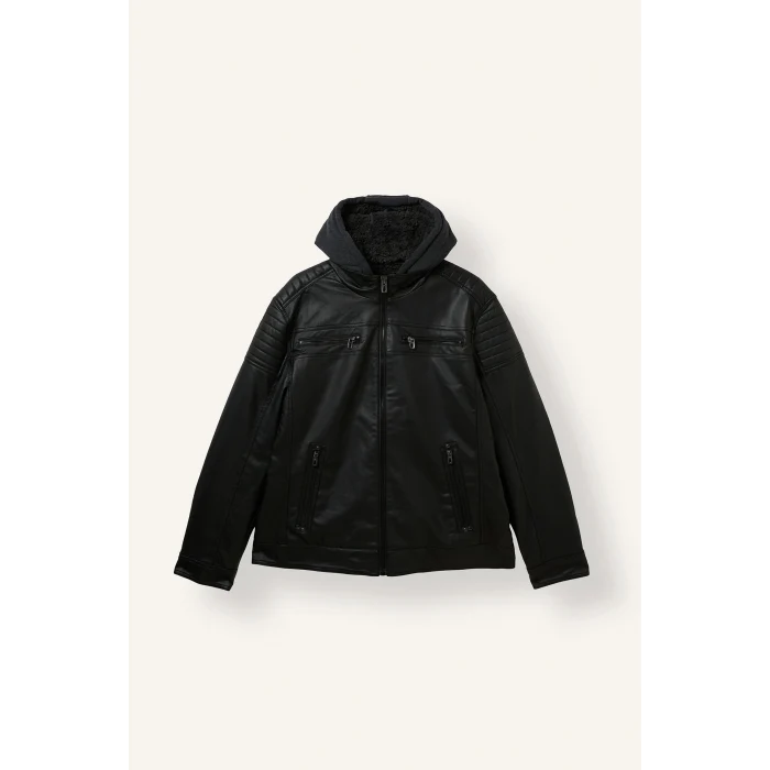 Defacto N9693AZBK27 Siyah Su İtici Slim Fit Çıkarılabilir Kapüşonlu Pelüş Astarlı Fermuarlı Suni Deri Ceket Mont
