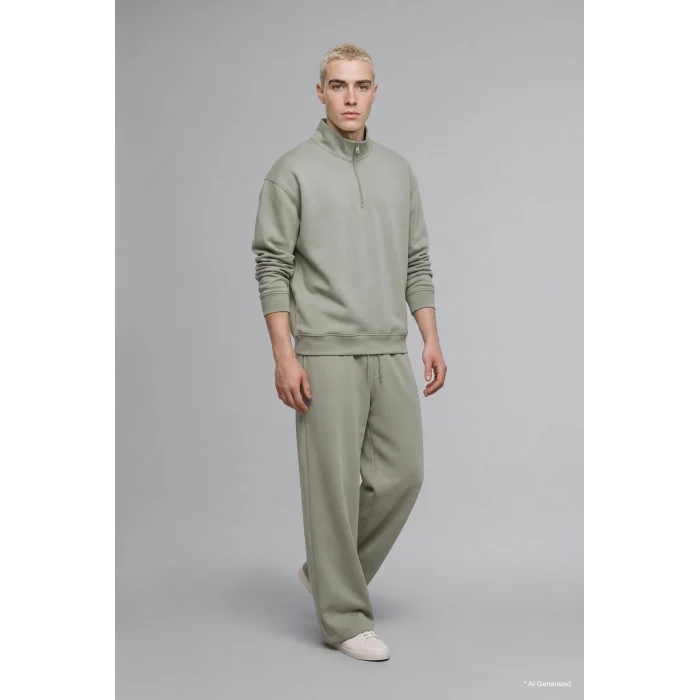 Defacto E9363AXKH499 Haki Boxy Fıt Dik Yaka Skuba Kumaş Uzun Kollu Basic Sweatshirt