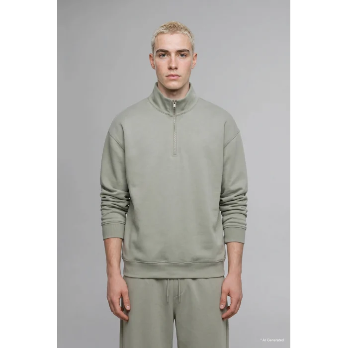 Defacto E9363AXKH499 Haki Boxy Fıt Dik Yaka Skuba Kumaş Uzun Kollu Basic Sweatshirt