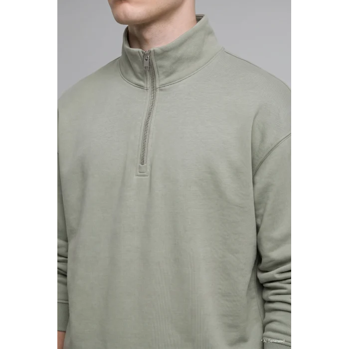 Defacto E9363AXKH499 Haki Boxy Fıt Dik Yaka Skuba Kumaş Uzun Kollu Basic Sweatshirt