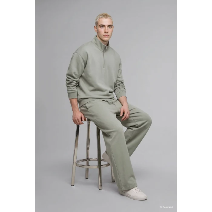 Defacto E9363AXKH499 Haki Boxy Fıt Dik Yaka Skuba Kumaş Uzun Kollu Basic Sweatshirt