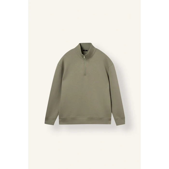 Defacto E9363AXKH499 Haki Boxy Fıt Dik Yaka Skuba Kumaş Uzun Kollu Basic Sweatshirt