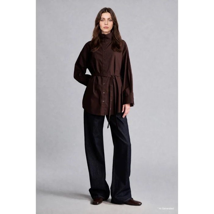 Defacto H3217AXBN340 Kahve %100 Pamuk Regular Fit Dik Yaka Kuşaklı Poplin Uzun Kollu Tunik