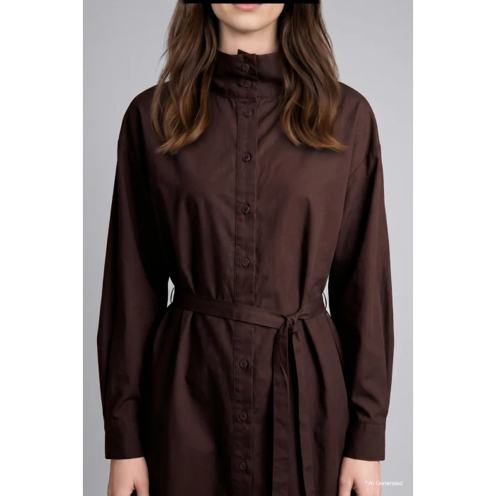 Defacto H3217AXBN340 Kahve %100 Pamuk Regular Fit Dik Yaka Kuşaklı Poplin Uzun Kollu Tunik