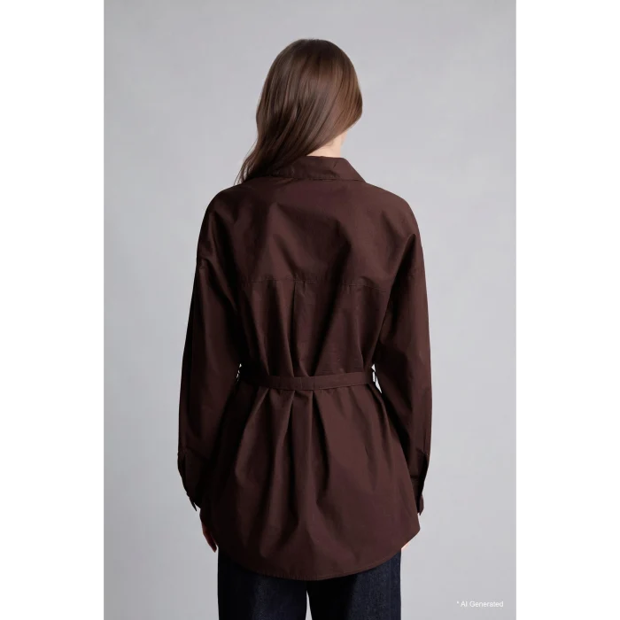 Defacto H3217AXBN340 Kahve %100 Pamuk Regular Fit Dik Yaka Kuşaklı Poplin Uzun Kollu Tunik