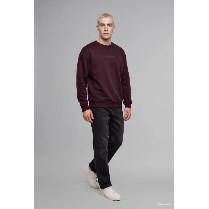 Defacto X8282AZBR150 Bordo Boxy Fit Uzun Kollu Pamuklu Bisiklet Yaka İçi Yumuşak Tüylü Baskılı Sweatshirt