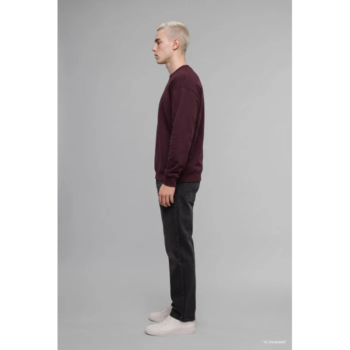 Defacto X8282AZBR150 Bordo Boxy Fit Uzun Kollu Pamuklu Bisiklet Yaka İçi Yumuşak Tüylü Baskılı Sweatshirt