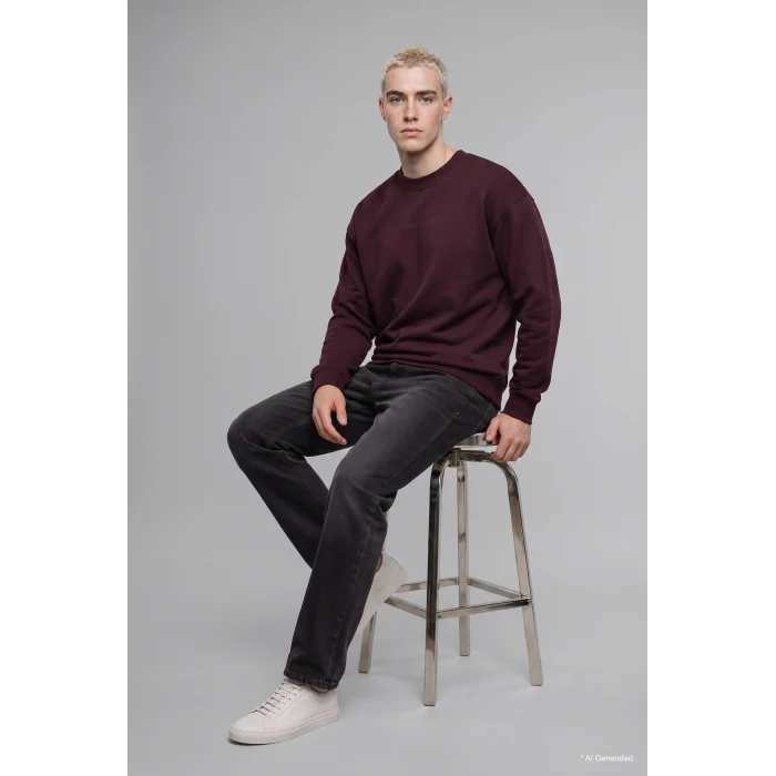 Defacto X8282AZBR150 Bordo Boxy Fit Uzun Kollu Pamuklu Bisiklet Yaka İçi Yumuşak Tüylü Baskılı Sweatshirt