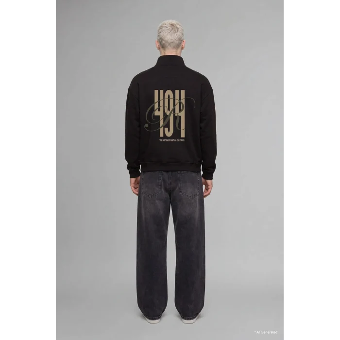 Defacto H3867AXBN337 Kahve Boxy Fit Yarım Fermuarlı Baskılı Sweatshirt