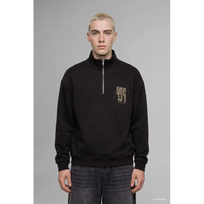 Defacto H3867AXBN337 Kahve Boxy Fit Yarım Fermuarlı Baskılı Sweatshirt