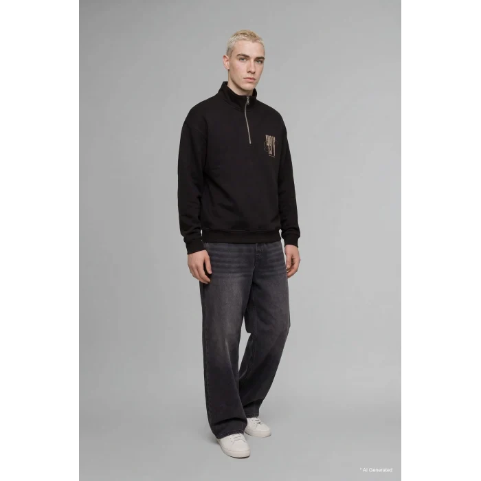 Defacto H3867AXBN337 Kahve Boxy Fit Yarım Fermuarlı Baskılı Sweatshirt