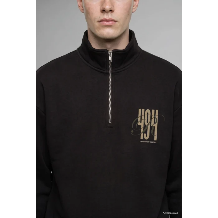 Defacto H3867AXBN337 Kahve Boxy Fit Yarım Fermuarlı Baskılı Sweatshirt