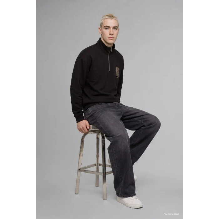 Defacto H3867AXBN337 Kahve Boxy Fit Yarım Fermuarlı Baskılı Sweatshirt