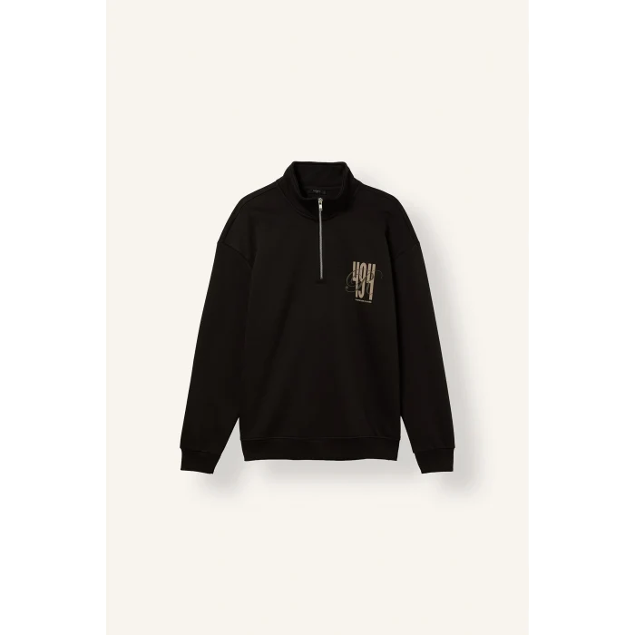 Defacto H3867AXBN337 Kahve Boxy Fit Yarım Fermuarlı Baskılı Sweatshirt