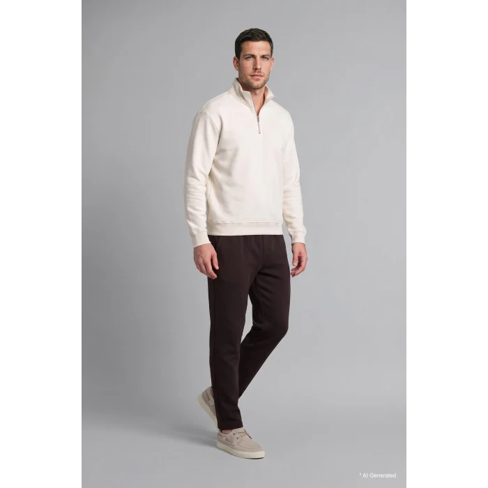 Defacto X7405AZER105 Ekru Regular Fit Dik Yaka Yarım Fermuarlı Basic Sweatshirt