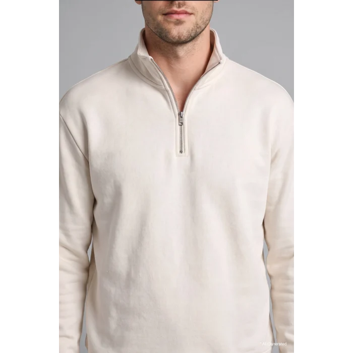 Defacto X7405AZER105 Ekru Regular Fit Dik Yaka Yarım Fermuarlı Basic Sweatshirt