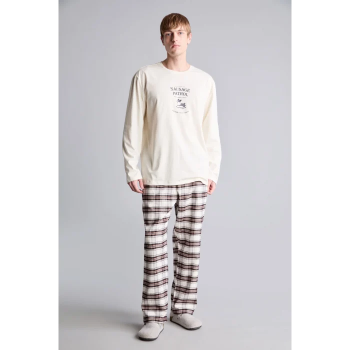 Defacto H9920AXER238 Ekru %100 Pamuk Baskılı Ekoseli New Regular Fit Uzun Kollu 2li Flanel Pijama Takımı