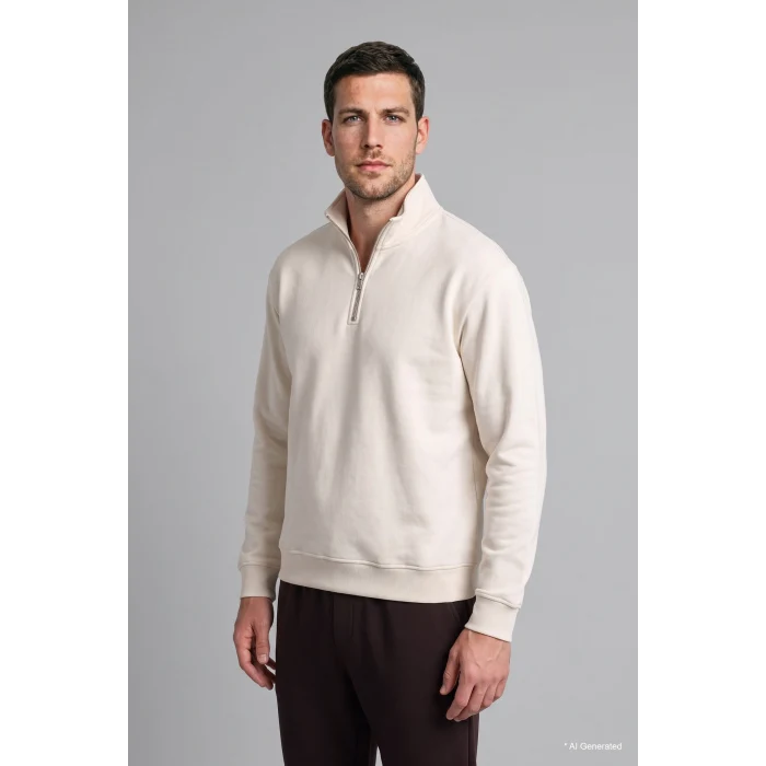 Defacto X7405AZER105 Ekru Regular Fit Dik Yaka Yarım Fermuarlı Basic Sweatshirt