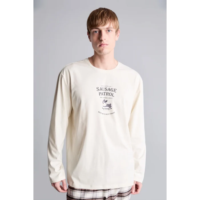 Defacto H9920AXER238 Ekru %100 Pamuk Baskılı Ekoseli New Regular Fit Uzun Kollu 2li Flanel Pijama Takımı
