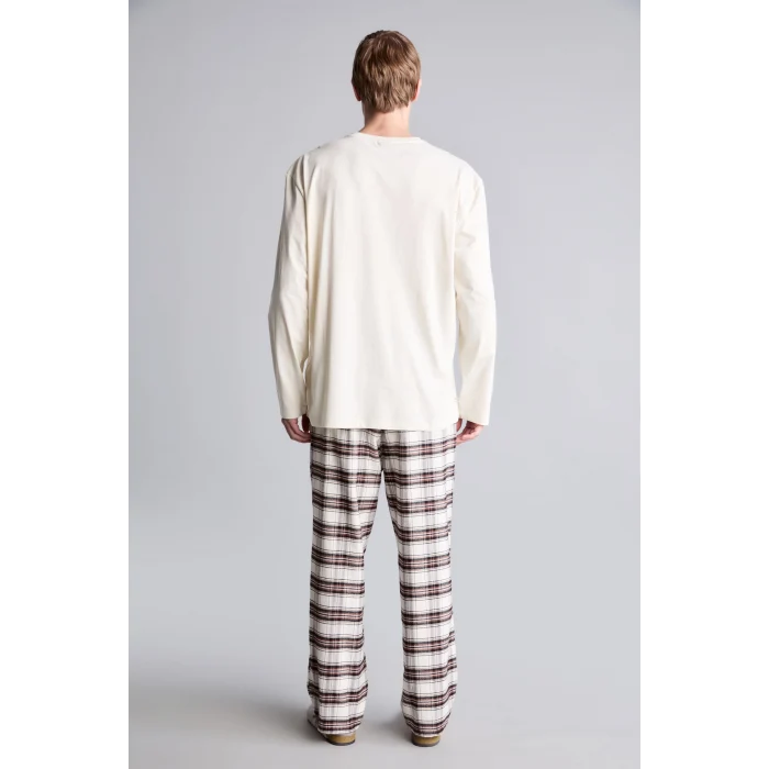 Defacto H9920AXER238 Ekru %100 Pamuk Baskılı Ekoseli New Regular Fit Uzun Kollu 2li Flanel Pijama Takımı