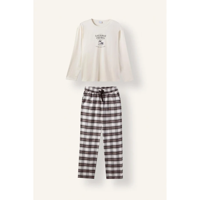 Defacto H9920AXER238 Ekru %100 Pamuk Baskılı Ekoseli New Regular Fit Uzun Kollu 2li Flanel Pijama Takımı