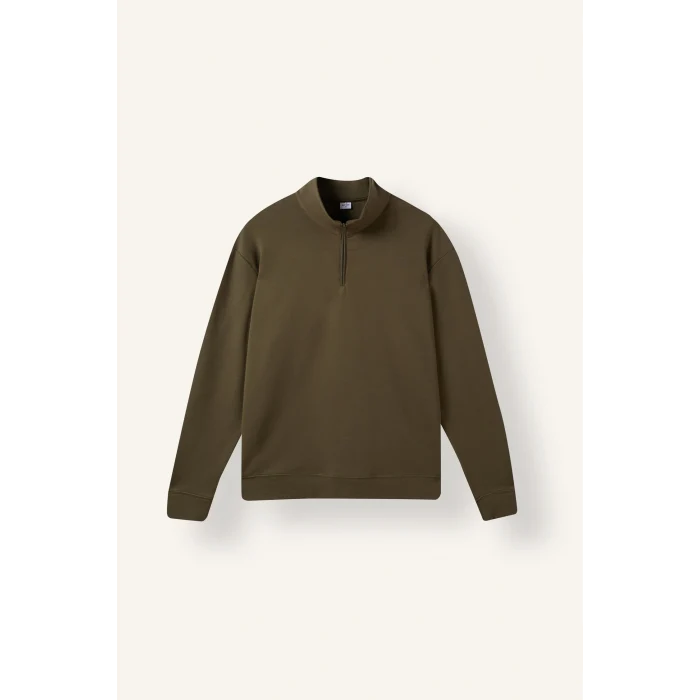 Defacto I0571AXKH447 Haki Standart Fit Dik Yaka Yarım Fermuarlı Basic Sweatshirt