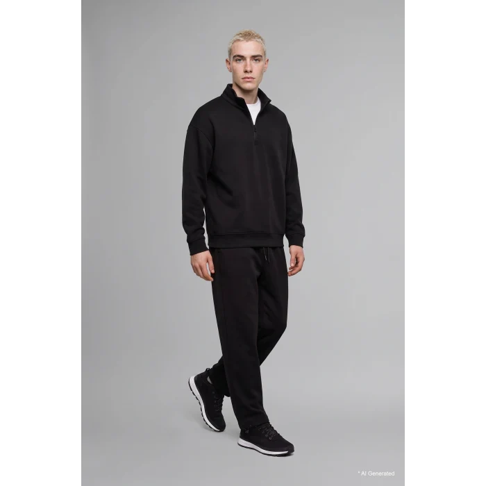 Defacto E9363AXBK81 Siyah Boxy Fıt Dik Yaka Skuba Kumaş Uzun Kollu Basic Sweatshirt