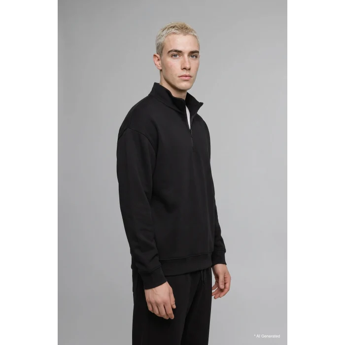 Defacto E9363AXBK81 Siyah Boxy Fıt Dik Yaka Skuba Kumaş Uzun Kollu Basic Sweatshirt