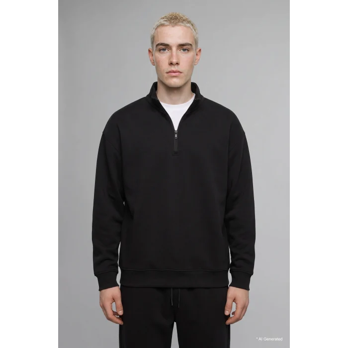 Defacto E9363AXBK81 Siyah Boxy Fıt Dik Yaka Skuba Kumaş Uzun Kollu Basic Sweatshirt