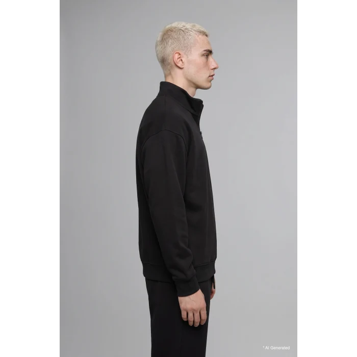 Defacto E9363AXBK81 Siyah Boxy Fıt Dik Yaka Skuba Kumaş Uzun Kollu Basic Sweatshirt