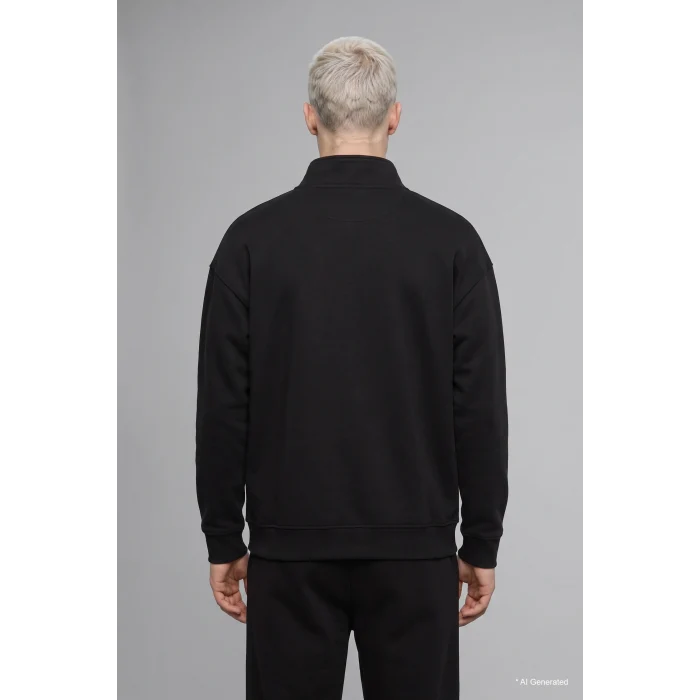 Defacto E9363AXBK81 Siyah Boxy Fıt Dik Yaka Skuba Kumaş Uzun Kollu Basic Sweatshirt