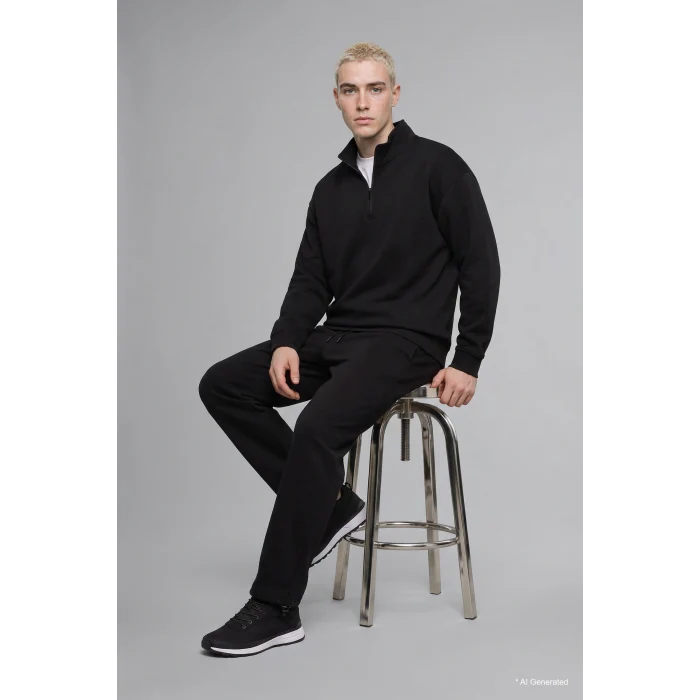 Defacto E9363AXBK81 Siyah Boxy Fıt Dik Yaka Skuba Kumaş Uzun Kollu Basic Sweatshirt